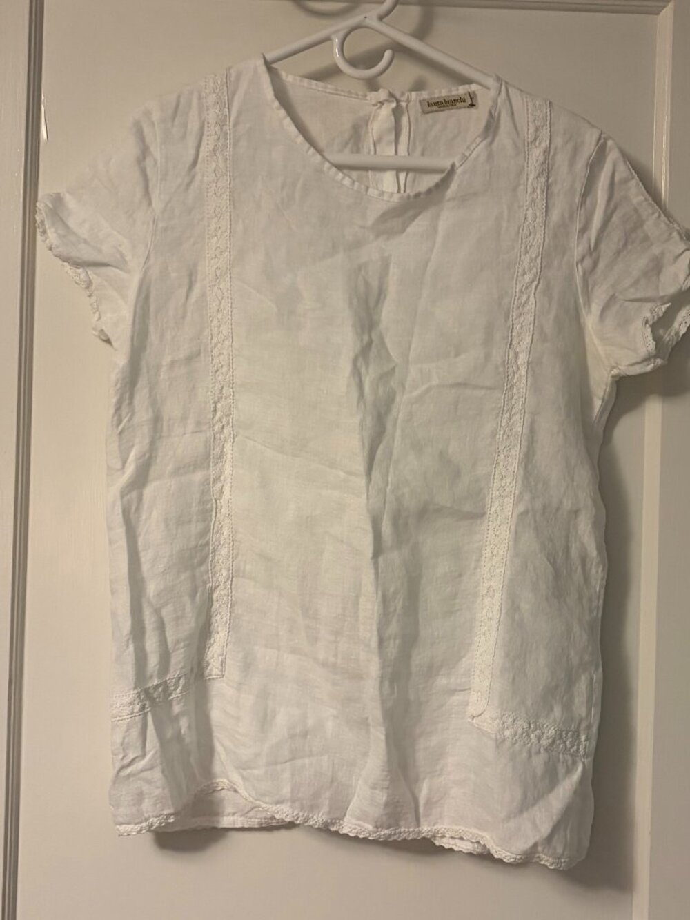 Laura Bianchi made in Italy 100% linen white blouse lace detail size large